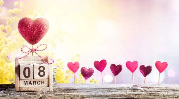 Woman Day Greeting Card With Hearts And Calendar