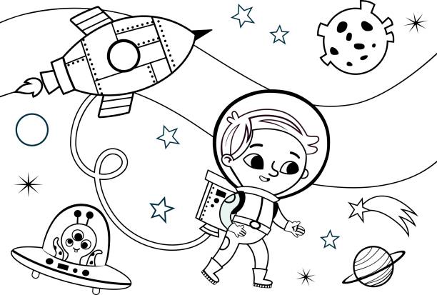 ilustraciones, imágenes clip art, dibujos animados e iconos de stock de espacio página para colorear para niños - página de libro para colorear técnica de ilustración