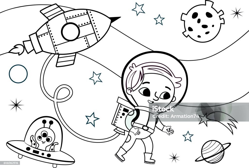 Space Coloring Page for Kids Space illustration for a coloring book or coloring page. (Vector illustration) Coloring stock vector