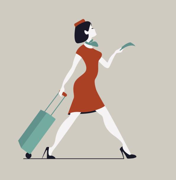 ilustraciones, imágenes clip art, dibujos animados e iconos de stock de azafata con equipaje. mujer con equipaje y boletos - aeromoza