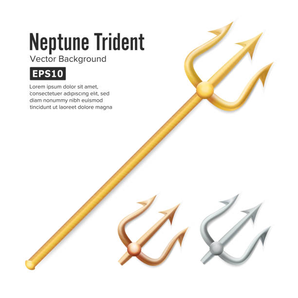 illustrations, cliparts, dessins animés et icônes de vecteur de trident de neptune. silhouette 3d réaliste d’arme de poséidon. or, argent, bronze. pitchfork fourche sharp objet. isolé sur fond blanc - trident