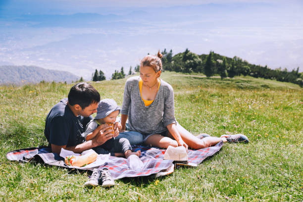 la bella famiglia felice trascorre del tempo sulla natura in montagna. - alpine upland foto e immagini stock