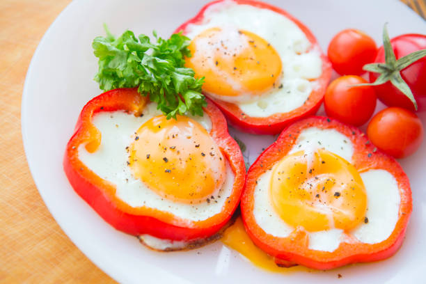 istock fried eggs in red peppers in a plate close-up. 646084640