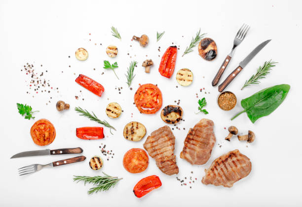 Different food grilled on a white background