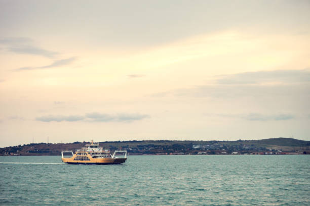 Beautiful seascape with vessel and sunset over Mediterranean sea