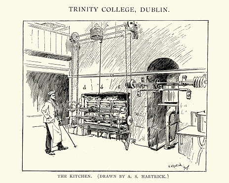 Vintage engraving of The Kitchen of Trinity College, Dublin, 1892