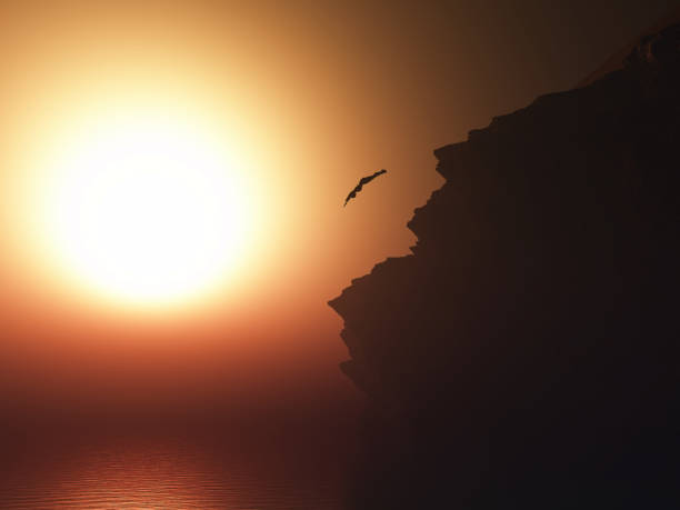 3D female diving into the sea from a high cliff