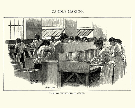 Vintage engraving of Women making night light cases  in a 19th Century candle factory, 1892.