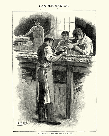 Vintage engraving of Men filling night light cases in a 19th Century candle factory, 1892.