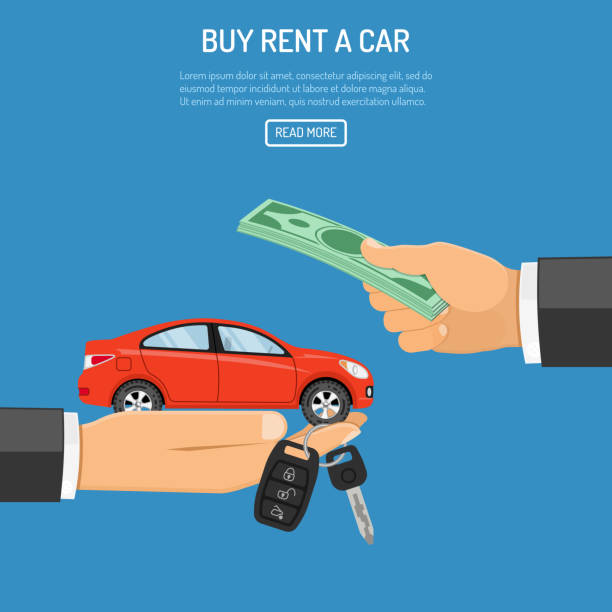 purchase or rental car buy or rental car concept with flat icons. hand holding car keys, other hand gives money. isolated vector illustration car key illustrations stock illustrations
