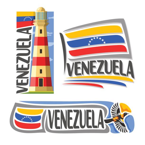 Vector illustration for Venezuela Vector illustration for Venezuela, 3 isolated images: isla margarita lighthouse on background national state Flag, architecture symbol of Venezuelan Republic, simple flag venezuela near flying venezuelan troupial venezuela art stock illustrations