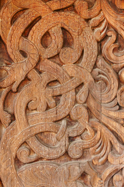 istock Norwegian ancient wooden carving. Nature forms. Heddal church. Norway. 646112732