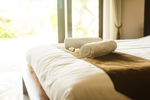 istock room in villa, towel on the bed 646113468