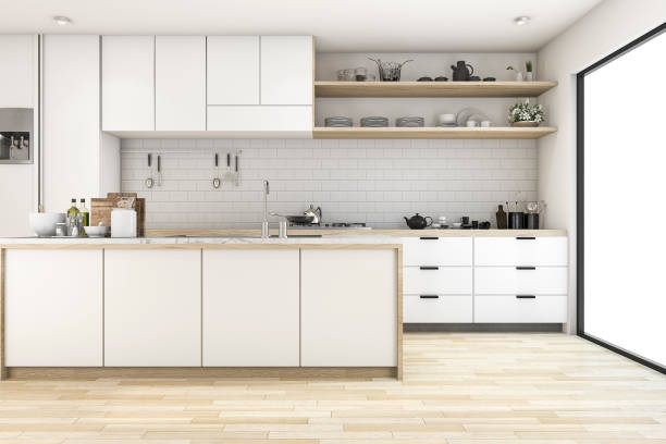 istock 3d rendering scandinavian kitchen with white tone design 646116966