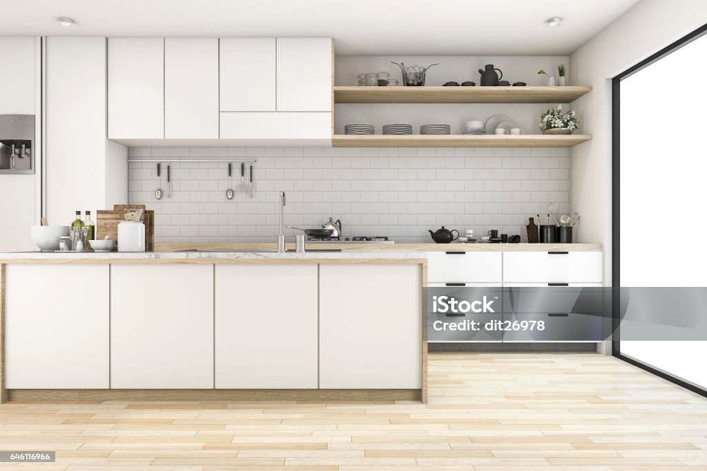 3D cozinha escandinava de renderização com design de tom branco - Foto de stock de Cozinha royalty-free