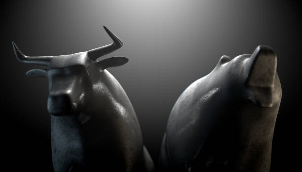 istock Two metal castings depicting a stylized bull alongside a bear in dramatic light representing  financial market trends 646117632