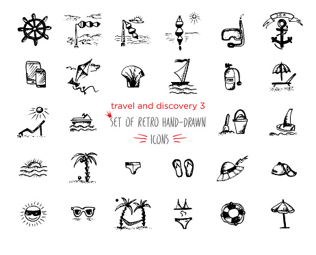 Hand-drawn sketch Travel and vacation icon collection. Vector illustrations Black on white background