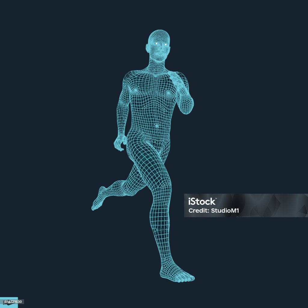 Running Man. Polygonal Design. 3D Model of Man. Running Man. Polygonal Design. 3D Model of Man. Geometric Design. Business, Science and Technology Vector Illustration. 3d Polygonal Covering Skin. Human Polygon Body. Human Body Wire Model. Three Dimensional stock vector