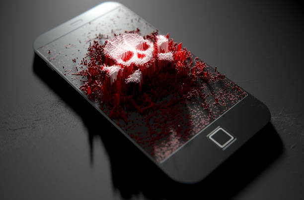Generic smart phone screen emanating small pixels at random that build up to form a skull and cross bones A modern generic smart phone screen emanating small pixels at random that build up to form a skull and cross bones - 3D render mobile phone lights up stock pictures, royalty-free photos & images