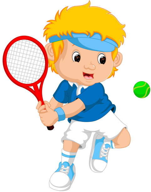 illustrazioni stock, clip art, cartoni animati e icone di tendenza di ragazzo che gioca a tennis con una racchetta - child tennis white background sport