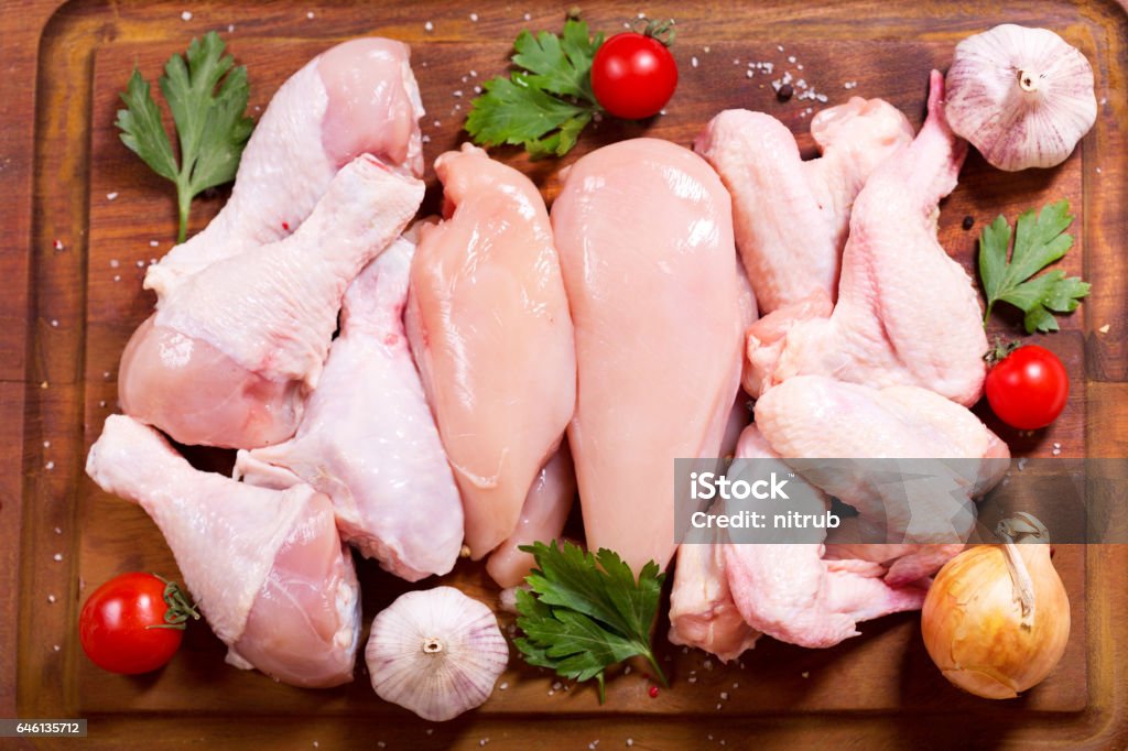 fresh chicken meat fresh chicken meat on wooden board, top view Freshness Stock Photo