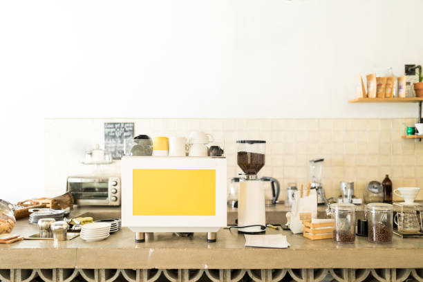 istock Coffee shop counter with no people 646137704