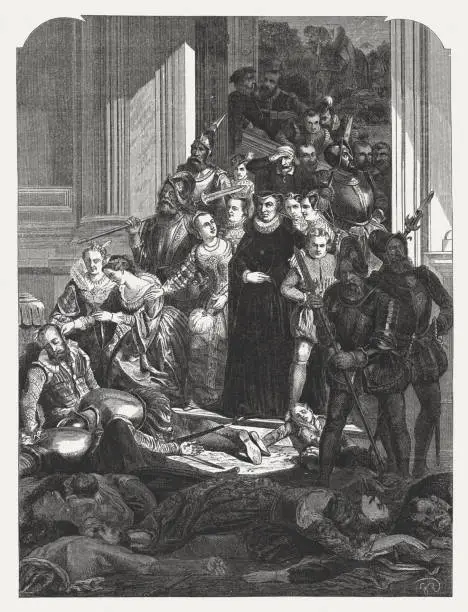 St. Bartholomew's Day massacre, 23–24 August 1572. King Charles IX of France, under the sway of his mother, Catherine de Medici, orders the assassination of Huguenot Protestant leaders in Paris, setting off an orgy of killing that results in the massacre of tens of thousands of Huguenots all across France. Wood engraving after a painting by Joseph Hornung (Swiss painter, 1792 - 1870), published in 1865.