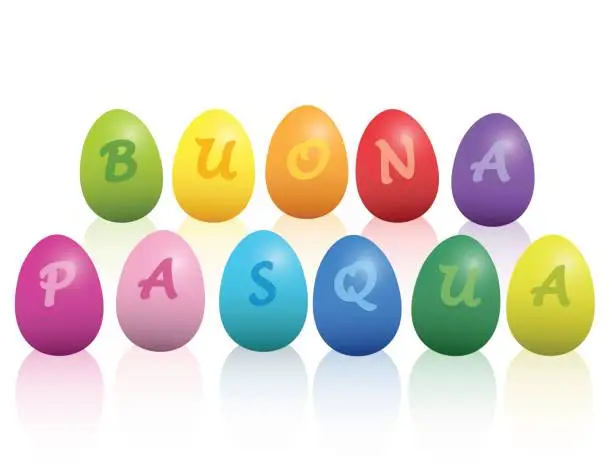 Vector illustration of BUONA PASQUA - Happy Easter in italian language - written with colorful easter eggs. Isolated vector illustration on white background.