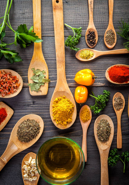 istock Various spice on wooden spoons with herbs 646150650