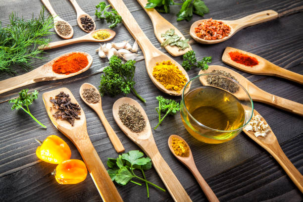 istock Various spice on wooden spoons with herbs 646151772