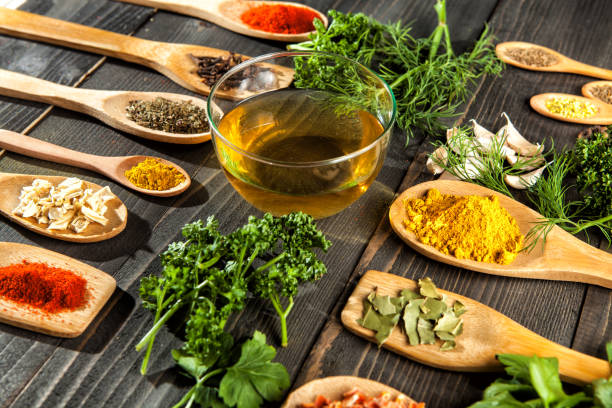 istock Various spice on wooden spoons with herbs 646154474