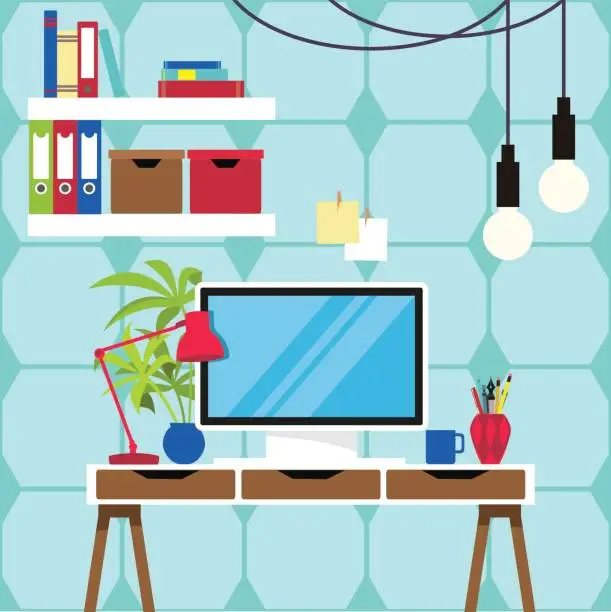 Vector illustration of Workplace and equipments flat design.