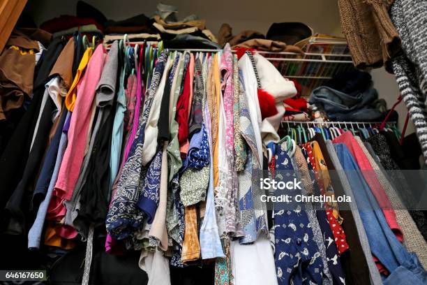 Messy Womens Closet Filled With Colorful Clothes Stock Photo - Download Image Now - Closet, Full, Messy