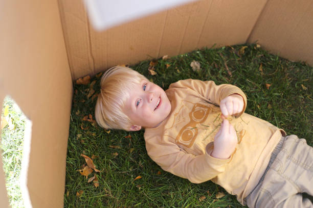 istock Young Child Laying in Grass while Playing in Cardboard Box Fort 646168160