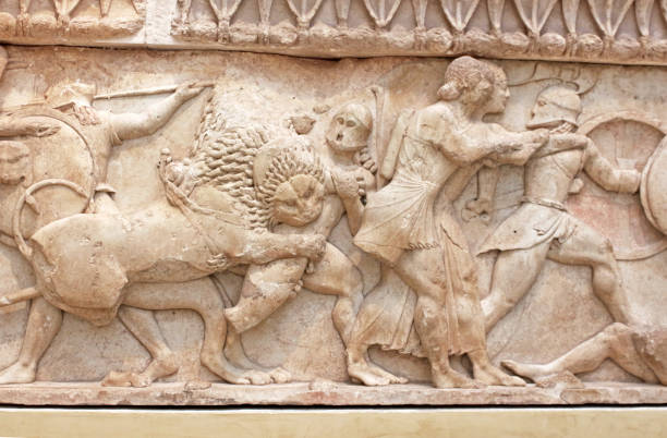 istock Ancient Greek sculpture representing battle, Greece 646169414