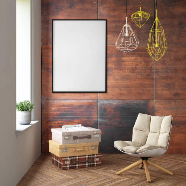 Interior with armchair and picture frame on the wall