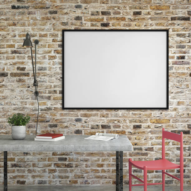 istock interior office desk with chair and brick wall and picture frame 646172416