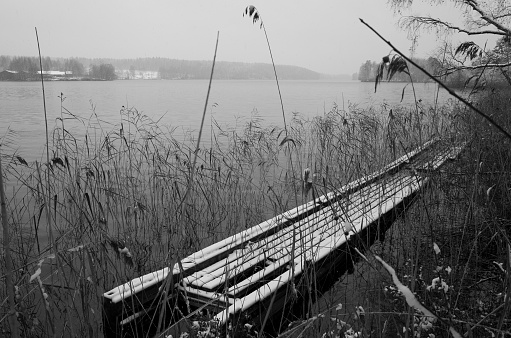Landscape and nature in Sweden Europe Scandinavia. Winter and snow in black and white.