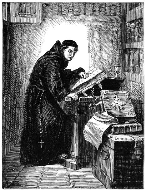 ilustrações de stock, clip art, desenhos animados e ícones de monk reading in a library (victorian engraving) - history library victorian style christianity