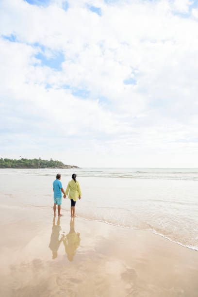 istock Couple standing on sandy beach holding hands 646182380