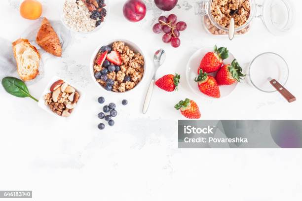 Healthy Breakfast With Muesli Fruits Berries Nuts Stock Photo - Download Image Now