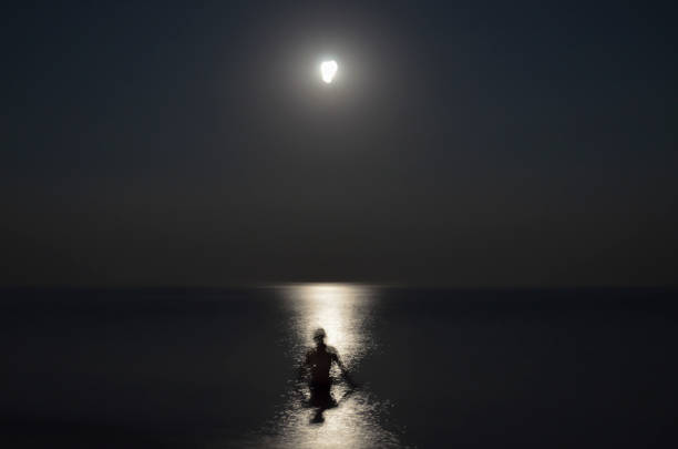 istock Silhouette of man in sea at night 646183220