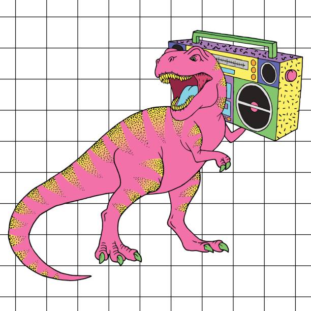 ilustraciones, imágenes clip art, dibujos animados e iconos de stock de tiranosaurio rex con boombox en 80s retro estilo. ilustración de vector - animal background audio