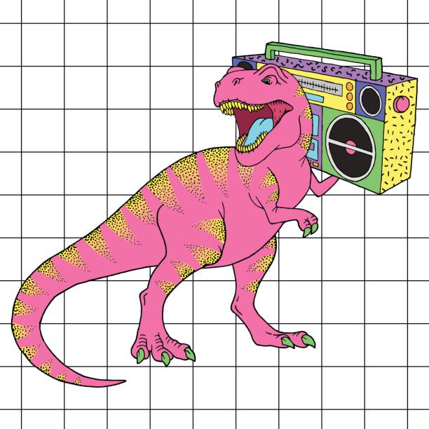 illustrazioni stock, clip art, cartoni animati e icone di tendenza di tyrannosaurus rex con boombox in stile retrò anni '80. illustrazione vettoriale - 1980s style image created 1980s 80 plus years music