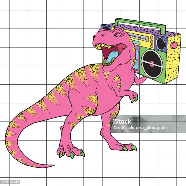 Tyrannosaurus Rex With Boombox In Retro 80s Style Vector Illustration Stock Illustration - Download Image Now