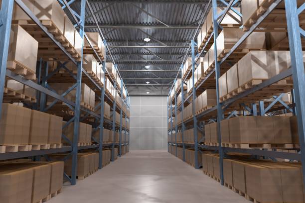 istock 3D rendered illustration of interior of distribution warehouse. 646190084