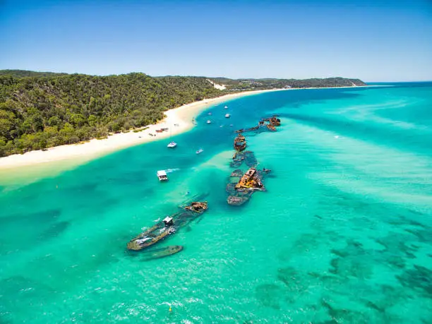 Photo of An aerial view of the Tangalooma shipwrecks on Moreton Island