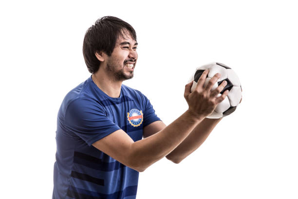 istock Sport Player on blue uniform celebrating on white background 646196398