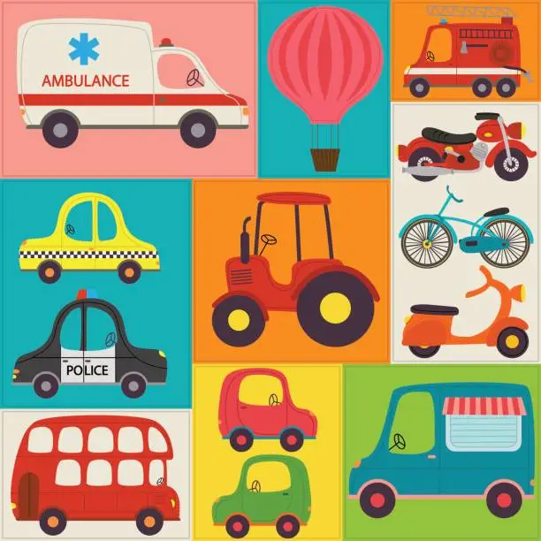 Vector illustration of seamless pattern with fun transports