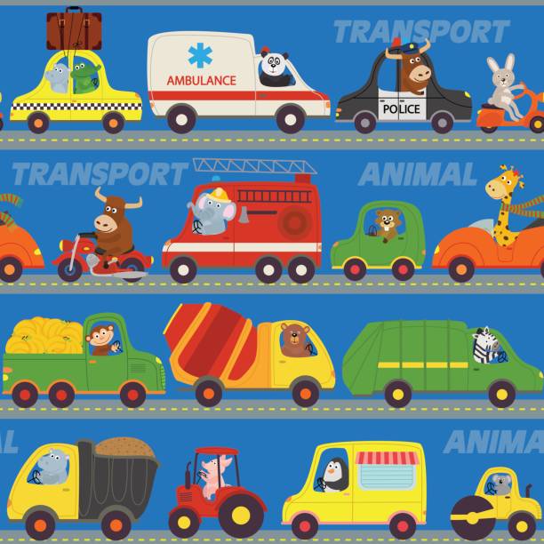 seamless pattern transports with animals on road seamless pattern transports with animals on road - vector illustration, eps ursus tractor stock illustrations
